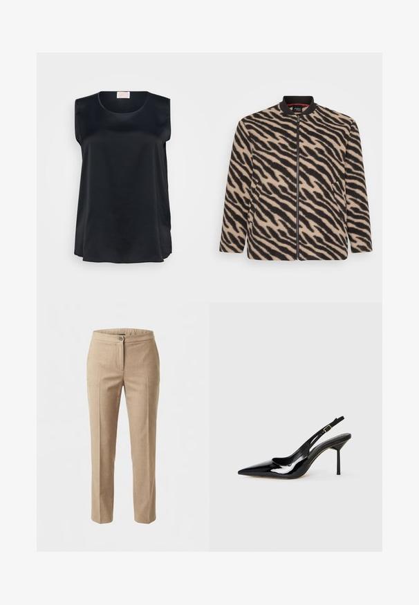 Beige en zwarte zebra-print jack met lange mouwen en ritssluiting, met een ribbelkraag en zijzakken, weergegeven op een witte achtergrond.; Zwarte mouwloze top van gladde stof, met een ronde halslijn en een losse pasvorm met zijsplitten voor ademend vermogen en vrijheid van beweging.; Beige rechte broek met vouw aan de voorkant, knoopsluiting en elastische tailleband, weergegeven op een witte achtergrond.; Zwarte gepatineerde leren spitse slingback stiletto hak schoen met een dunne band en gouden gesp op een witte achtergrond.