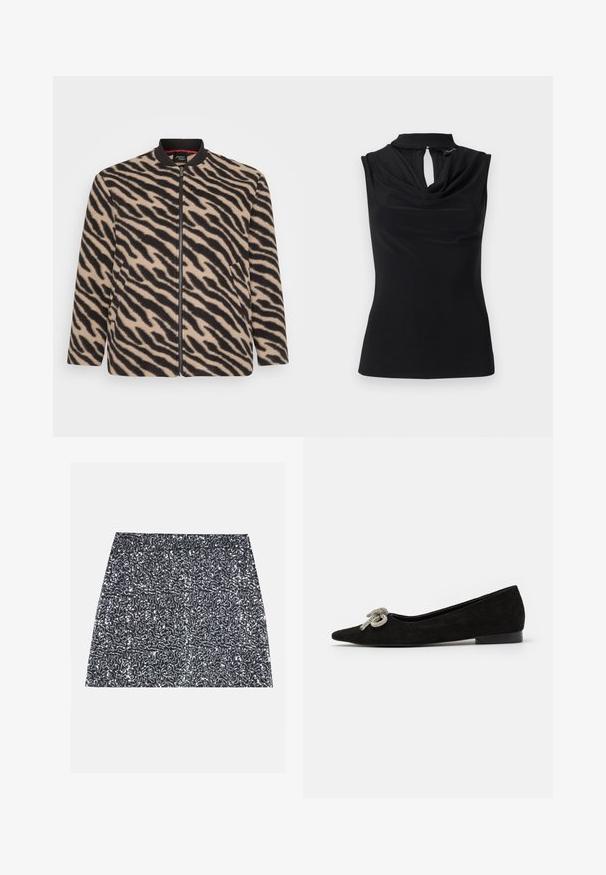 Beige en zwarte zebra-print jack met lange mouwen en ritssluiting, met een ribbelkraag en zijzakken, weergegeven op een witte achtergrond.; Mouwloze zwarte top met gedrapeerde col en kleine sleutelgatsluiting onder een opstaande kraag.; Zilveren pailletten mini rok met een textuurpatroon en een rechte snit. De stof lijkt glanzend en reflecterend.; Zwarte suède platte schoen met een puntige neus, versierd met een decoratieve zilveren strik aan de voorkant, en met een lage hak.