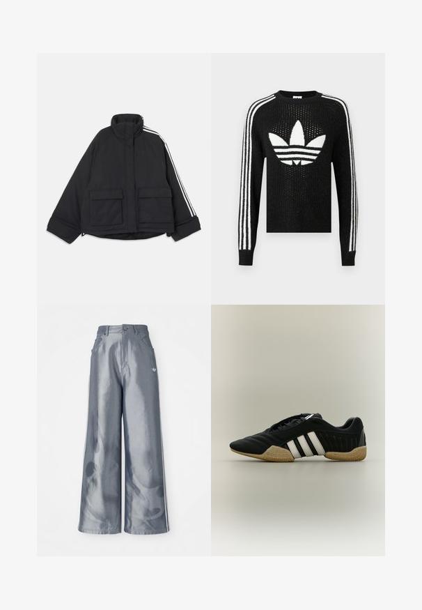 Čierna prešívaná bunda s vysokým golierom, dvoma prednými vreckami s klopami a bielymi trojitými pruhmi vedúcimi po jednom rukáve.; Čierny pletený sveter s bielym logom Adidas trefoil a tromi bielymi pruhmi na každom rukáve. Textúrovaná tkanina s miernym leskom.; Široké nohavice z lesklého šedého materiálu, s bielymi bočnými pruhmi a plamenným vzorom na dolnej časti nohavíc. Zapínanie na gombík a zips v páse.; Čierna športová obuv s bielymi pruhmi a béžovou textúrovanou podrážkou na neutrálom pozadí, zobrazená zo strany.