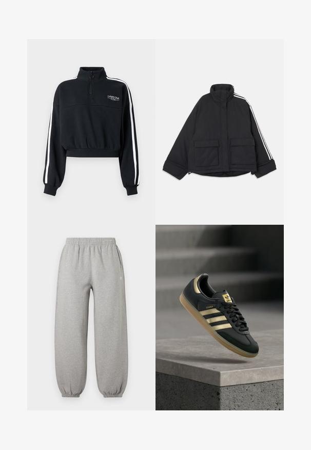 Veste matelassée noire avec col montant, deux poches avant à rabats, et trois bandes blanches courant le long d'une manche.; Sweatshirt noir court avec un col montant et une fermeture éclair au quart. Présente des bandes blanches sur les côtés et un petit logo brodé sur la poitrine.; Pantalon de survêtement gris clair taille élastique avec chevilles côtelées et poches latérales, avec un petit logo Adidas blanc sur la cuisse droite.; Baskets Adidas Samba noires avec des bandes dorées et une semelle en gomme, flottant au-dessus d'une surface en béton avec des escaliers flous en arrière-plan.