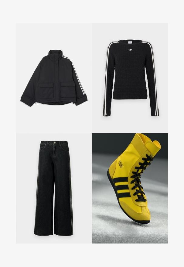 Chaqueta acolchada negra con cuello alto, dos bolsillos delanteros con solapas y tres franjas blancas que recorren una manga.; Suéter de punto negro con superficie texturizada, mangas largas, cuello redondo y rayas laterales blancas con un logo bordado en el pecho.; Vaqueros negros de pierna ancha con franjas laterales, bolsillos delanteros, trabillas para cinturón y cierre de botón metálico en la cintura.; Zapatillas altas hechas de material sintético amarillo, con cordones negros, tres rayas negras y logotipo en el lateral. Suela de goma texturizada.