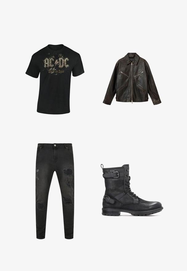 Chaqueta de cuero marrón oscuro con cremallera frontal, dos bolsillos diagonales con cremallera en el pecho y dos bolsillos laterales sobre un fondo blanco.; Camiseta de algodón negra con un estampado gráfico de "AC/DC" y "Rock or Bust" en letras estilizadas desgastadas con acentos de salpicadura.; Jeans de mezclilla negra con un ajuste slim, que presentan detalles desgastados, desgarros y áreas desvaídas. Diseño estándar de cinco bolsillos con cierre de botón metálico.; Kazar HEARD - Botines camperos - black