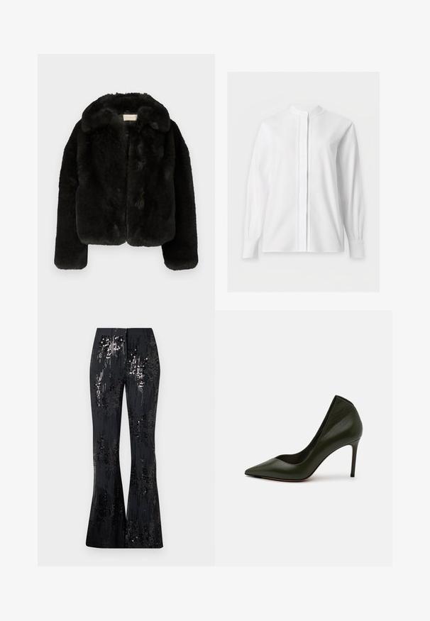 Veste en fausse fourrure noire avec un col arrondi, des manches longues et un design court. Texture douce et sans fermetures visibles.; Blouse blanche manches longues avec col mao et patte de boutonnage cachée, présentée sur un fond blanc uni.; The Kooples PANTALON SEUL - Pantalon classique - black; Pompes à talons hauts en cuir vert avec un bout pointu et une silhouette épurée. Texture lisse et un talon aiguille élancé pour plus de hauteur.