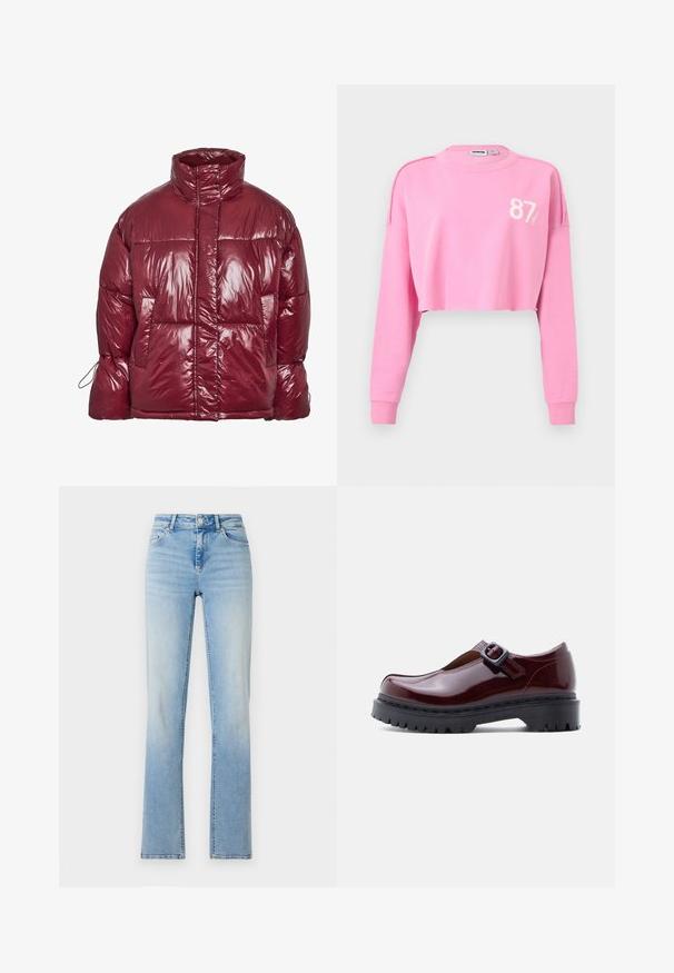 Skinnende mørkerød dunjakke med høj krave, forlommer, lange ærmer og et let oversized, quiltet design.; Pink cropped sweatshirt med lange ærmer og ribkantede manchetter, med nummeret "87" og en lille logo på øverste venstre bryst.; Lyseblå denimjeans med høj talje, lige ben og subtilt slid. Har fem lommer og bæltestropper.; Vinrød laklædersko med rund tå, justerbar spænde og chunky sort platformsål med rillede tekstur.