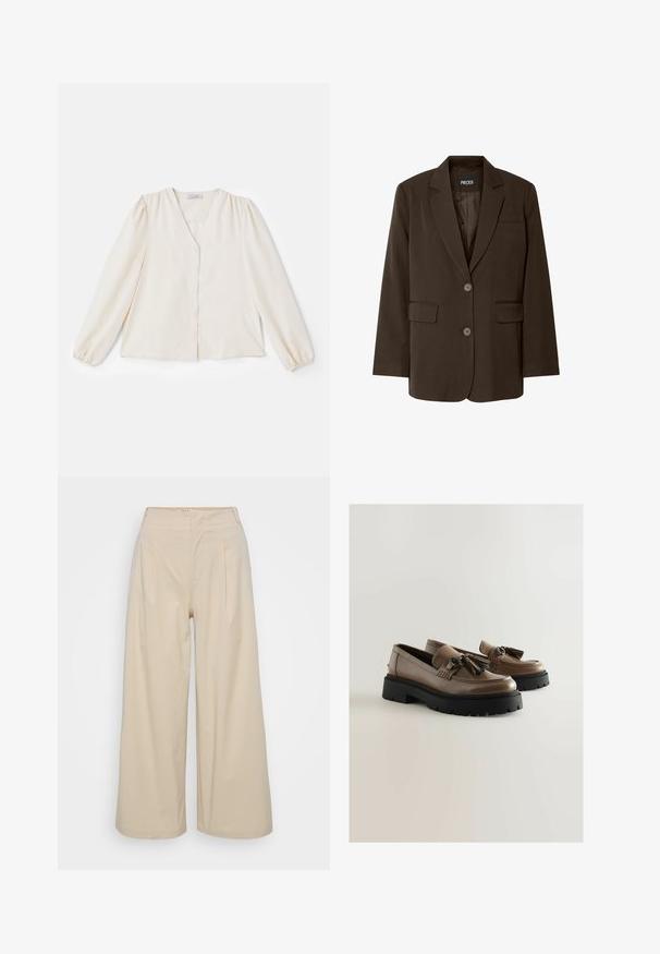 Bruine blazer met een enkelvoudig ontwerp, twee voorzakken, geplooide revers en knoopsluiting. Gladde stofstructuur. Merkenlabel zichtbaar.; Ivoorblouse met lange opgeblazen mouwen, V-hals en een sluiting met knopen aan de voorkant. Glad materiaal, met een ontspannen pasvorm en geplooide schoudernaden.; Beige wijde broek gemaakt van soepele stof, met een hoge taille, voorplooien en een enkel-lange zoom. Eenvoudig en onversierd ontwerp.; Bruine leren instappers met zwarte stevige plateauzolen, voorzien van kwastjes en een gladde textuur. Klassiek ontwerp met een moderne twist.