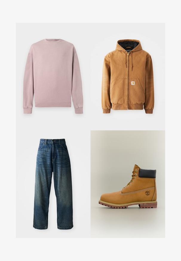 Bruine rits-hoodie met voorzakken, trekkoorden, geribbelde manchetten en een klein vierkant label op de linkerzak.; Lichtroze sweatshirt met een klassieke ronde hals, ribgebreide manchetten en zoom. Gemaakt van zachte, gestructureerde stof. Eenvoudig ontwerp zonder patronen.; Wijdvallende blauwe denim jeans met een vervaagde afwerking. Bevat vijf zakken, een knoopsluiting en contrasterende stiksels. Zwaar gewicht stof.; Bruine leren enkellaars met zwarte kraag, gele veters en een zandkleurige zool. Voorzien van een logo en witte stikseldetails. Robuuste loopzool met grip.