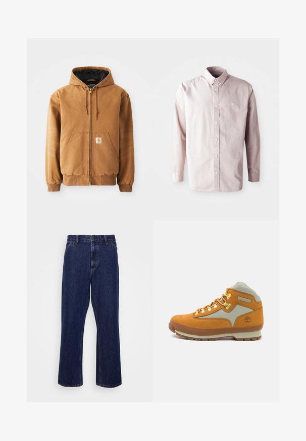 Veste à capuche zippée marron avec poches avant, cordons de serrage, poignets côtelés et une petite étiquette carrée sur la poche gauche.; Chemise à manches longues rose clair à boutons, en coton, dotée d'un col classique, de boutons sur le devant et d'un petit logo sur la poitrine gauche.; Jeans en denim bleu foncé avec une coupe droite, dotés d'une fermeture à bouton, d'un style à cinq poches et de détails de couture subtils.; Botte de randonnée en suede marron avec des panneaux en tissu gris clair, œillets dorés, semelle en caoutchouc et logo Timberland embossé sur le talon.