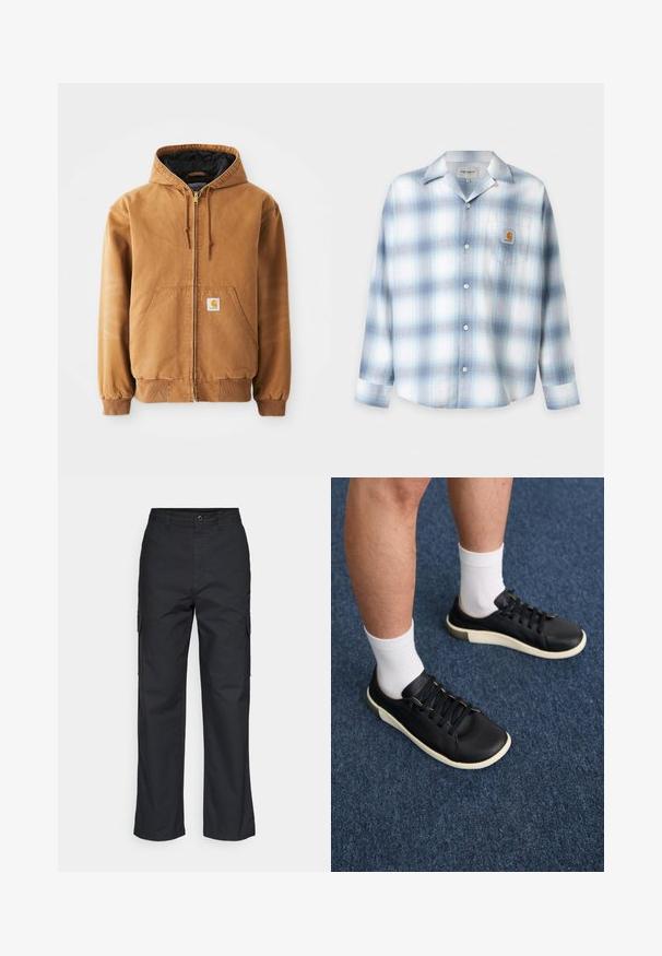 Bruine rits-hoodie met voorzakken, trekkoorden, geribbelde manchetten en een klein vierkant label op de linkerzak.; Lichtblauw-wit geruit overhemd met lange mouwen, knopen, spitse kraag en voorzak op de borst met een Carhartt-logo patch.; Zwarte cargobroek met een rechte pijpdesign, voorzien van zijzakken en een geweven stof. Knopsluiting in de taille voor een veilige pasvorm.; Zwarte sneaker van glad leer, met een witte zool, zes oogjes met zwarte veters en een subtiele beige accent bij de hiel.