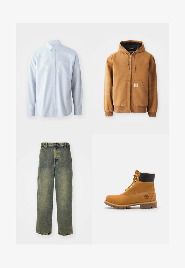 Chaqueta con capucha de color marrón, con cremallera, bolsillos frontales, cordones, puños acanalados y una pequeña etiqueta cuadrada en el bolsillo izquierdo.; Camisa de manga larga azul claro fabricada en algodón. Presenta un collar con botones, botones frontales y un bolsillo en el pecho del lado izquierdo.; Jeans de denim holgados en un lavado azul y verde descolorido. Presenta un cierre de botón, pasadores para el cinturón y bolsillos laterales. Diseño de frente plano y pierna recta.; Botín de cuero marrón con ojales de metal, forro de piel sintética blanca, cuello acolchado negro, suela resistente y logotipo en relieve en el costado.