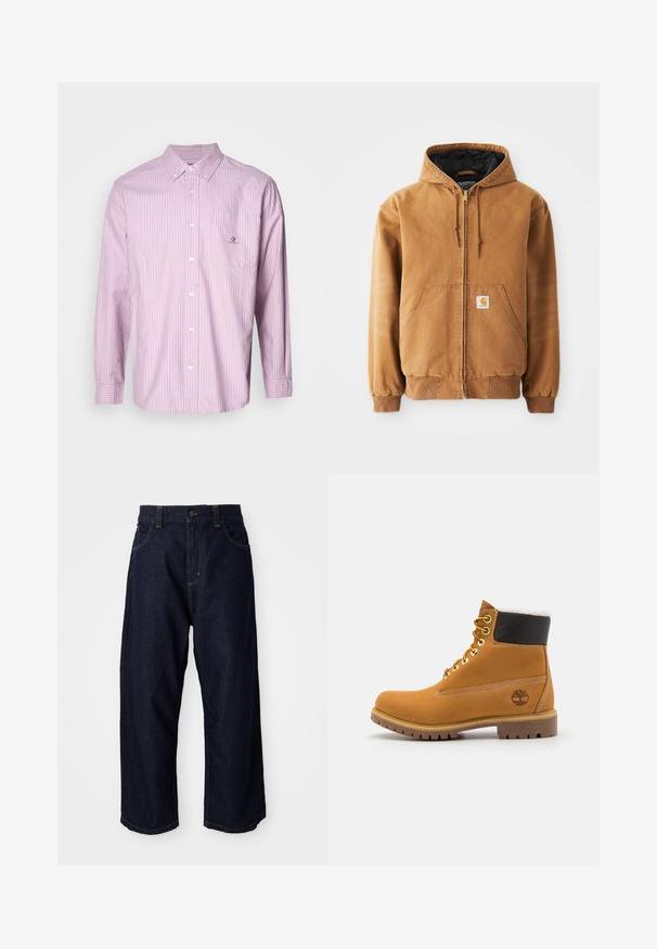 Chaqueta con capucha de color marrón, con cremallera, bolsillos frontales, cordones, puños acanalados y una pequeña etiqueta cuadrada en el bolsillo izquierdo.; Camisa de botones de manga larga en rosa claro con rayas verticales blancas, tela de algodón, cuello, bolsillo frontal y detalle de logo en el bolsillo.; Pantalones de mezclilla azul oscuro con un corte relajado, que cuentan con una cremallera de botón, trabillas para cinturón y costuras y bolsillos con pespuntes amarillos.; Botín de cuero marrón con ojales de metal, forro de piel sintética blanca, cuello acolchado negro, suela resistente y logotipo en relieve en el costado.