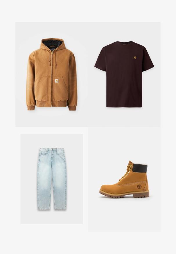 Bruine rits-hoodie met voorzakken, trekkoorden, geribbelde manchetten en een klein vierkant label op de linkerzak.; Donkerbruine T-shirt met korte mouwen en ronde hals met een klein geel logo op de linkerborst tegen een effen lichte achtergrond.; Lichtblauwe denim jeans met een losse pasvorm, rechte pijpen, vervaagd textuur, vijf-pocket ontwerp en metalen knoopsluiting bij de taille.; Bruine leren enkellaars met metalen oogjes, witte faux bont voering, zwarte gewatteerde kraag, robuuste zool en een reliëflogo aan de zijkant.