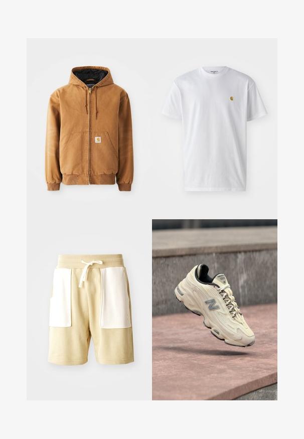 Braune Reißverschlussjacke mit Kapuze, frontalen Taschen, Kordelzügen, gerippten Bündchen und einem kleinen quadratischen Etikett auf der linken Tasche.; Weißes Baumwoll-T-Shirt mit kurzen Ärmeln, Rundhalsausschnitt, mit einem kleinen goldenen Logo im linken Brustbereich. Weicher Stoff und normale Passform.; Beige Baumwollshorts mit einem gerippten Bund, weißen Akzent-Taschen, Kordelzug-Detail und einer lockeren Passform. Glatte Stofftextur.; Cremefarbener New Balance 1000 Sneaker mit weißen Schnürsenkeln, grauem Logo und schwarzem Innenfutter, in der Luft über einer Steinoberfläche gezeigt.