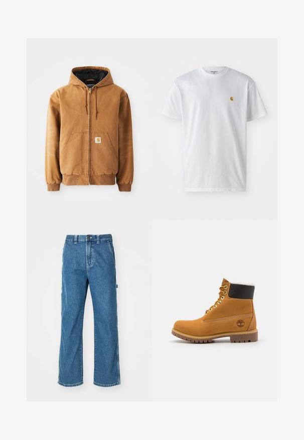 Chaqueta con capucha de color marrón, con cremallera, bolsillos frontales, cordones, puños acanalados y una pequeña etiqueta cuadrada en el bolsillo izquierdo.; Camiseta de algodón blanca con mangas cortas, cuello redondo, que presenta un pequeño logo dorado en la parte izquierda del pecho. Textura suave y corte regular.; Pantalones cargo de mezclilla azul con un corte relajado, que cuentan con bolsillos laterales, cremallera en la bragueta y costuras de contraste en las costuras.; Botín de cuero marrón con ojales de metal, forro de piel sintética blanca, cuello acolchado negro, suela resistente y logotipo en relieve en el costado.