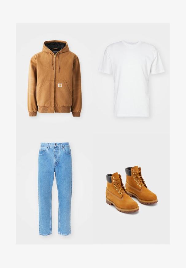 Braune Reißverschlussjacke mit Kapuze, frontalen Taschen, Kordelzügen, gerippten Bündchen und einem kleinen quadratischen Etikett auf der linken Tasche.; Weißes Baumwoll-T-Shirt mit kurzen Ärmeln, Rundhalsausschnitt und glatter Textur. Einfaches Design ohne Muster oder Grafiken.; Hellblaue Denim-Jeans verfügen über ein gerades Bein-Design, fünf Taschen und einen klassischen Knopfverschluss am Bund.; Lederarbeitsstiefel in Tan mit schwarzem gepolstertem Kragen, goldenen Ösen und braunen Gummisohlen. Mit kontrastierenden Nähten und einem Logo an der Seite.