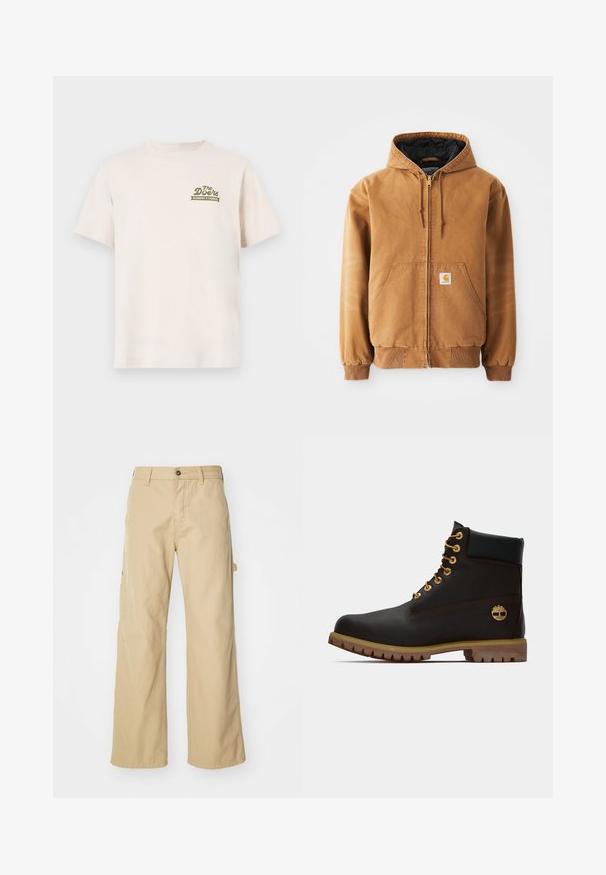 Bruine rits-hoodie met voorzakken, trekkoorden, geribbelde manchetten en een klein vierkant label op de linkerzak.; Crème katoenen t-shirt met korte mouwen. Bevat een groen logo met de tekst "The Doors ELEMENT X TIMBER!" op de linkerborst.; Beige wijde cargo broek met een knoopsluiting, voorzien van zijzakken, gemaakt van stevig katoen, met een soepele textuur en een recht gesneden ontwerp.; Zwarte leren enkellaars met gouden oogjes, bruine accenten en een rubberen zool. Heeft een gevoerde kraag en geperst logo aan de zijkant.