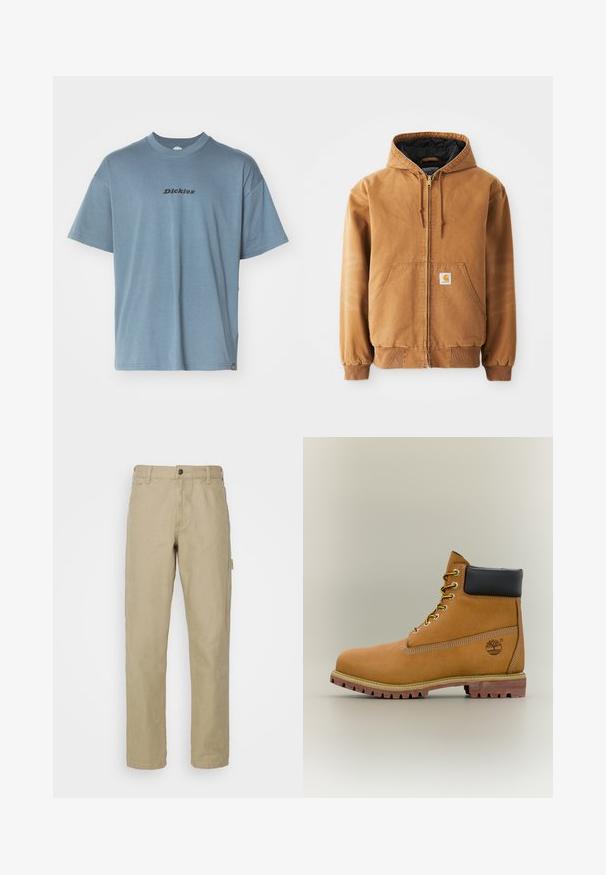 Chaqueta con capucha de color marrón, con cremallera, bolsillos frontales, cordones, puños acanalados y una pequeña etiqueta cuadrada en el bolsillo izquierdo.; Camiseta de algodón de color azul claro con mangas cortas, cuello redondo y logo negro de "Dickies" impreso en el frente. Textura suave y ajuste relajado.; Pantalones de algodón beige con un diseño de pierna recta, que cuentan con un cierre frontal de botón, cinco bolsillos y un bolsillo lateral tipo cargo.; Bota de tobillo de cuero marrón con cuello negro, cordones amarillos y suela beige. Presenta un logotipo y detalles de costura blanca. Suela exterior con tracción robusta.