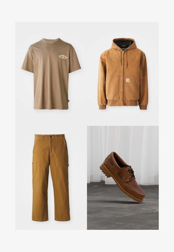 Braune Reißverschlussjacke mit Kapuze, frontalen Taschen, Kordelzügen, gerippten Bündchen und einem kleinen quadratischen Etikett auf der linken Tasche.; Braunes Baumwoll-T-Shirt mit Rundhalsausschnitt, kurzem Arm und einem weißen Logo mit der Aufschrift "Dickies Workwear" auf der linken Brustseite.; Braune Baumwollhosen mit geradem Schnitt, verstärkten Nähten und seitlichen Taschen. Mit Knopfverschluss und Gürtelschlaufen am Bund.; Brauner Leder-Bootsschuh mit schwarzen Schnürsenkeln, beigen Nähten und einer robusten Sohle, schwebt über einem grauen Betonboden.