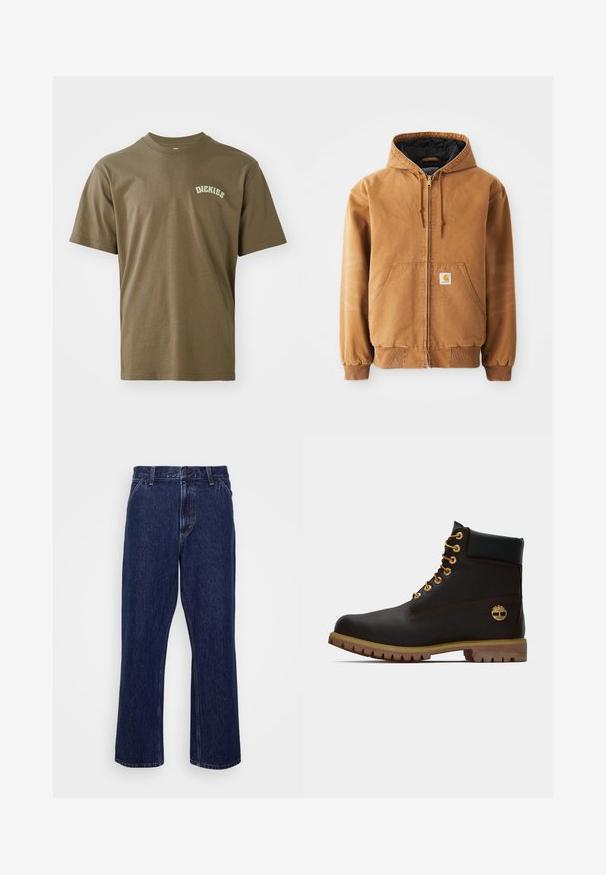 Braune Reißverschlussjacke mit Kapuze, frontalen Taschen, Kordelzügen, gerippten Bündchen und einem kleinen quadratischen Etikett auf der linken Tasche.; Olivgrünes Baumwoll-T-Shirt mit kurzen Ärmeln, Rundkragen und einem kleinen weißen "Dickies"-Logo auf der linken Brust. Glatte Textur.; Dunkelblaue Jeans aus Denim mit geradem Bein, ausgestattet mit einem Knopfverschluss, Fünf-Taschen-Style und dezenten Nähten.; Schwarze Leder-Ankle-Boots mit goldenen Ösen, braunen Akzenten und einer Gummisohle. Verfügt über einen gepolsterten Schaft und ein geprägtes Logo an der Seite.