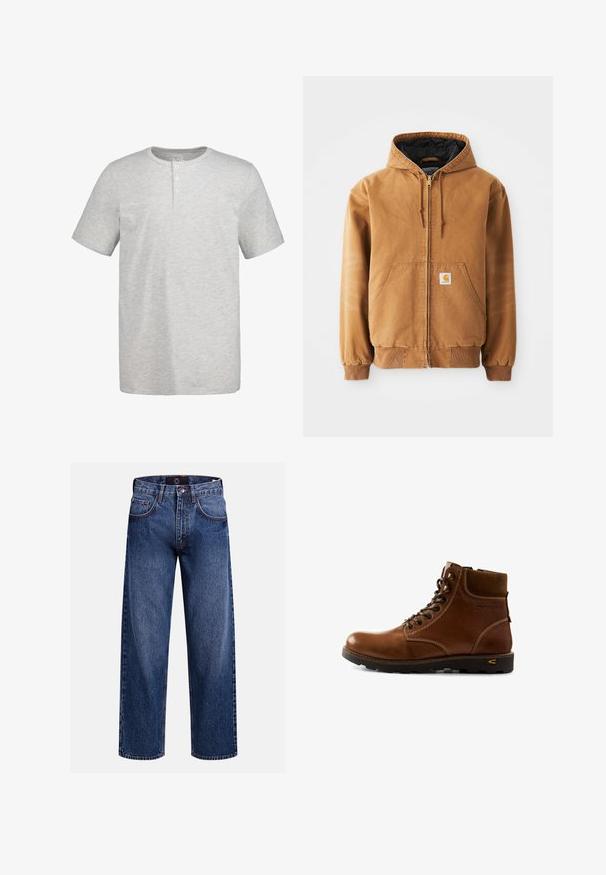 Chaqueta con capucha de color marrón, con cremallera, bolsillos frontales, cordones, puños acanalados y una pequeña etiqueta cuadrada en el bolsillo izquierdo.; Camiseta henley de manga corta de color gris claro con cuello redondo y tres botones blancos en la tapeta frontal.; Jeans de pierna ancha en azul oscuro, con cremallera, cinco bolsillos y costuras en contraste para añadir detalle y textura.; Bota de cuero marrón hasta el tobillo con cuello acolchado, cierre con cordones y suela negra robusta diseñada para aventuras al aire libre.