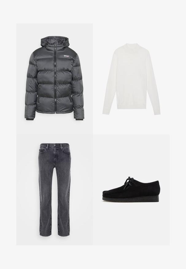 Schott IDAHO - Vinterjakker - anthracite; Hvid pullover sweater med høj halsudskæring, lange ærmer og ribbede manchetter og kant. Fremstillet af et blødt strikket stof. Simpelt og tætsiddende design.; Grå denimjeans med lige ben. Har fem lommer, synlig syning og en klassisk talje med knaplukning.; Sorte ruskindsko med rund tådesign, snørebånd foran og en struktureret sort gummisål. Glat overflade med diskret syningsdetalje.