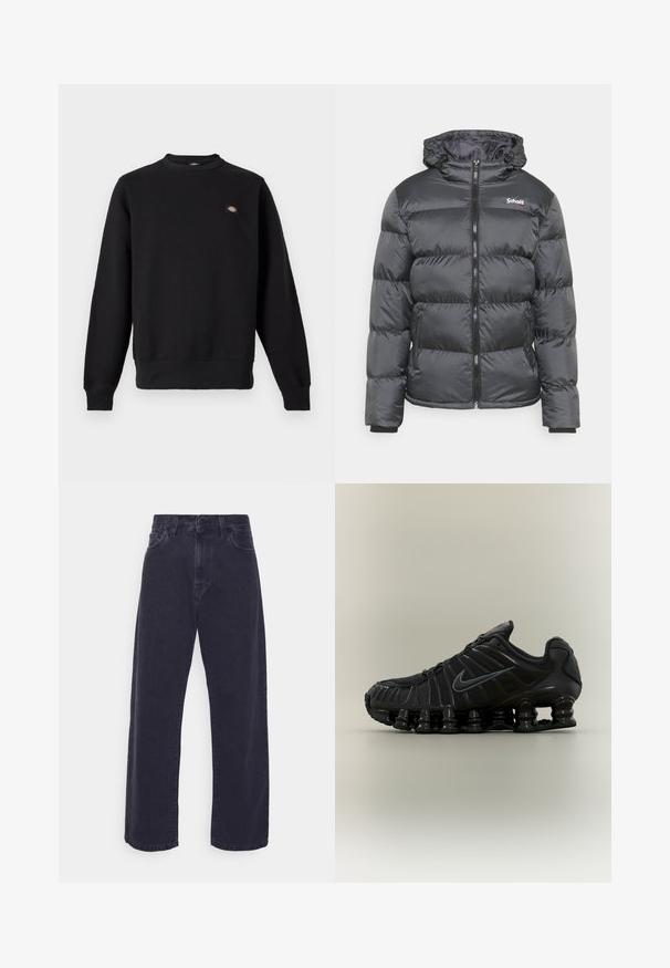 Schott IDAHO - Veste d'hiver - anthracite; Sweat-shirt noir à col rond, manches longues, poignets et ourlet côtelés, avec un petit patch rectangulaire avec logo sur la poitrine gauche.; Jeans en denim foncé avec une silhouette à jambes larges, taille haute et design à cinq poches. Présente une fermeture à bouton classique et zip.; Chaussure de course noire Nike avec semelle segmentée semblable à un ressort, dessus en mesh et logo Swoosh noir assorti sur le côté.