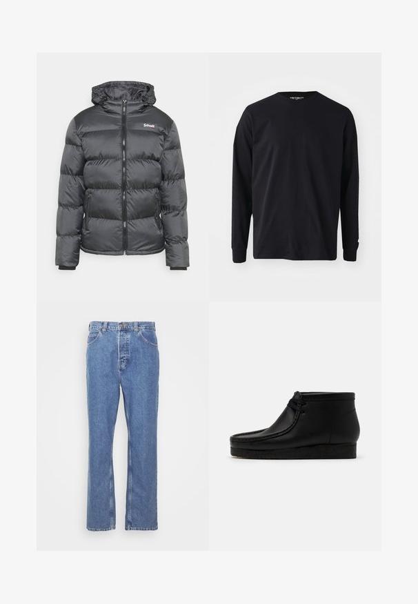 Schott IDAHO - Winterjas - anthracite; Zwart langarm t-shirt van katoen, met een ronde halslijn en rechte snit, voorzien van een klein logo detail op de mouw.; Blauwe denim jeans met een rechte pasvorm, vijf zakken, riemlussen en een knoopsluiting. De stof heeft een zachte, gestructureerde afwerking.; Zwarte leren enkelboots met een ronde neus, gestikte details en een zachte rubberen zool. Voorzien van een vetersluiting aan de voorkant.