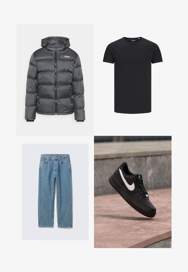 Schott IDAHO - Vinterjakker - anthracite; Sort bomulds T-shirt med rund hals, korte ærmer og et enkelt design. Glat tekstur, ingen mønstre eller synligt tilbehør.; Lyseblå jeans med lige ben, forlommer, bæltestropper og knaplukning på ensfarvet baggrund.; Sort Nike Air Force 1-sneaker med hvid swoosh-logo, svævende over en stenovertflade med en grå tekstureret væg i baggrunden.