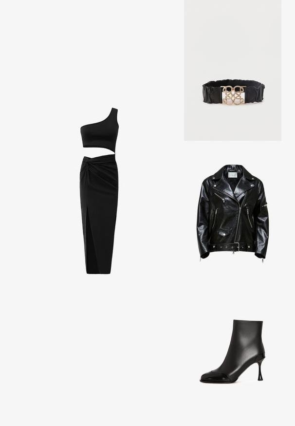 Sort læder bikerjakke med sølvfarvede lynlåse, talje med bælte og klapkrave. Har flere lynlåslommer og en blank overflade.; Sort todelt tøj sæt bestående af en en-skulder crop top og en højtaljet nederdel med tvistet detalje og sideslids. Glat stof.; Sorte ankelstøvler lavet af glat læder med en blank tåhætte, der har en spidset hæl og et strømlinet, figursygt design.; Sort bredt bælte med flæser og en tekstureret dobbeltsnurrende spænde i guldtone i midten mod en ensfarvet hvid baggrund.