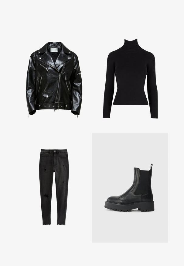 Schwarze Leder-Bikerjacke mit silbernen Reißverschlüssen, tailliertem Bund und Reverskragen. Verfügt über mehrere mit Reißverschluss gesicherte Taschen und eine glänzende Textur.; Schwarzer gerippter Rollkragenpullover mit langen Ärmeln, figurbetonter Silhouette, strukturiertem Stoff und hohem Kragen.; Schwarze Skinny-Jeans aus Denim, mit aufgerissenen Akzenten, hohem Bund, fünf Taschen und einem rohen Saum an den Knöcheln.; Schwarze Lederknöchelstiefel mit elastischen seitlichen Einsätzen, einer abgerundeten Spitze und einer grob strukturierten Gummisohle. Mit einem Ziehschlaufen an der Rückseite.
