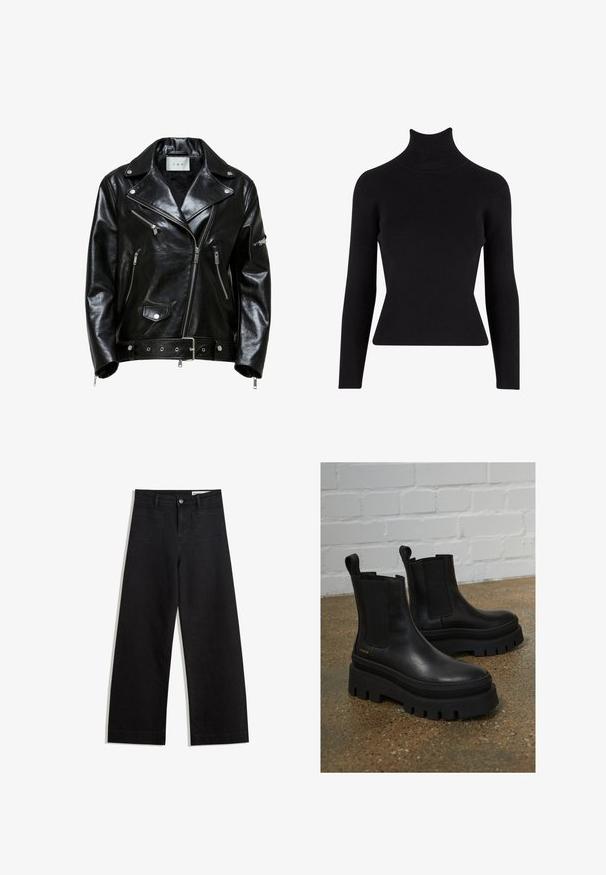 Sort læder bikerjakke med sølvfarvede lynlåse, talje med bælte og klapkrave. Har flere lynlåslommer og en blank overflade.; Sort ribbet turtleneck sweater med lange ærmer, tætsiddende silhuet, tekstureret stof og høj hals.; Sorte wide-leg denim bukser med høj talje, der har front- og baglommer, syede sømme og en knaplukning. Glat tekstur.; Sort læder ankelstøvler med elastiske sidepaneler, tykke sorte platformssåler og syninger, der har en løftesanordning for nem påtagning.