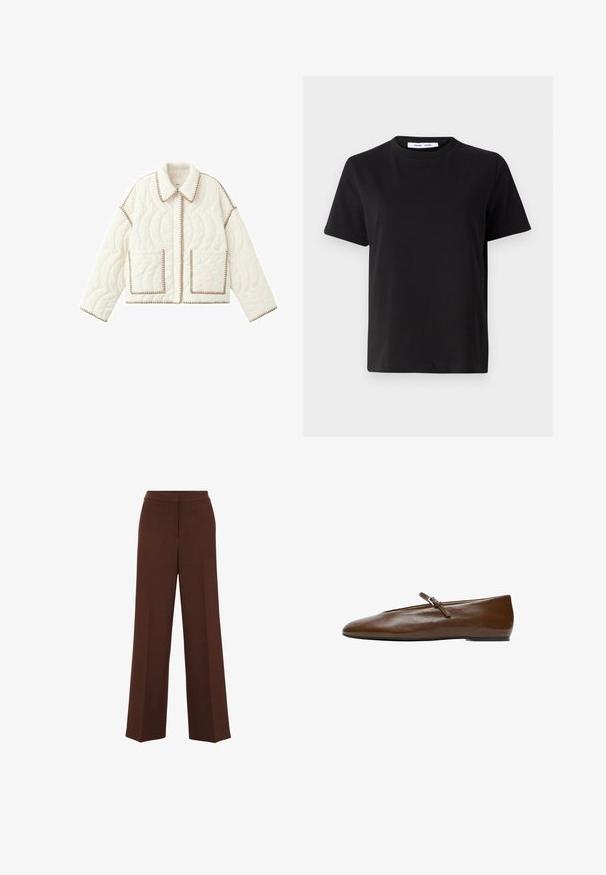Hvid quiltet jakke med buet syning, to forlommer, en spids krave og beige kant langs kanter og sømme.; Sort t-shirt med korte ærmer fremstillet af blødt bomuld, med rund halsudskæring, afslappet pasform og en glat overflade. Ingen synlige mønstre eller grafik.; Brune bredbenede bukser med en glat overflade, der har en struktureret talje og subtile plisseringer, der løber ned langs forsiden.; Brun læder flad sko med en tynd justerbar rem og spænde over foden set fra siden på en hvid baggrund.