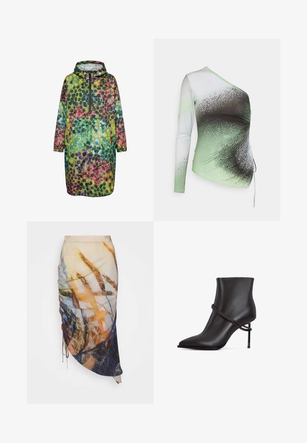 Veste longue à capuche avec fermeture éclair frontale et motif abstrait multicolore de points en vert, bleu, rose, jaune et noir.; Elleme ONE SHOULDER - T-shirt à manches longues - light green/white; Materiel DIAGONAL GATHERED SKIRT - Jupe crayon - golden hour; Bottine noire élégante avec un bout pointu, un accent de design enroulé et un haut talon aiguille sur un fond blanc.