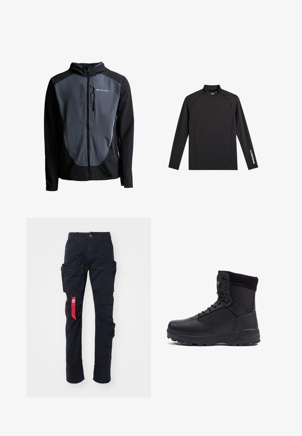 Chaqueta con capucha Monterrain para hombre en negro y gris con cremallera frontal y bolsillo con cremallera en el pecho.; Camiseta negra deportiva de manga larga con cuello alto falso, corte ajustado y logo blanco "J.Lindeberg" en la manga izquierda y el cuello.; Pantalones cargo negros con múltiples bolsillos laterales, un pasador para cinturón y una etiqueta de tela roja en el lado izquierdo. Hechos de un material de algodón duradero.; Bota táctica negra con parte superior de piel lisa y paneles de tela, diseño de tobillo alto, cierre con cordones y suela de goma resistente.