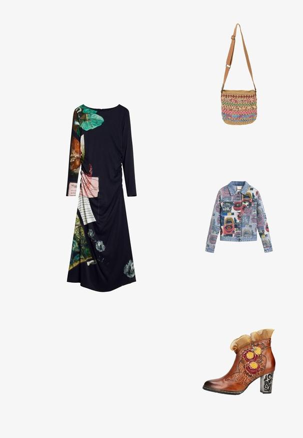 Chaqueta vaquera con patrones geométricos y de texto abstractos y coloridos, incluyendo palabras como "LOVE" y "DESIGUAL," con botones frontales y cuello.; El vestido negro de manga larga presenta estampados florales y de texto vibrantes, una tela texturizada y detalles fruncidos a un lado, creando un aspecto dinámico.; Botín de cuero marrón con bordado floral, tachuelas decorativas, ribete de tela con volantes y tacón ancho negro ornamentado con estampado.; Bolso bandolera tejido a mano con correa ajustable color tostado, con franjas multicolores de hilo en rosa, azul, verde y beige.