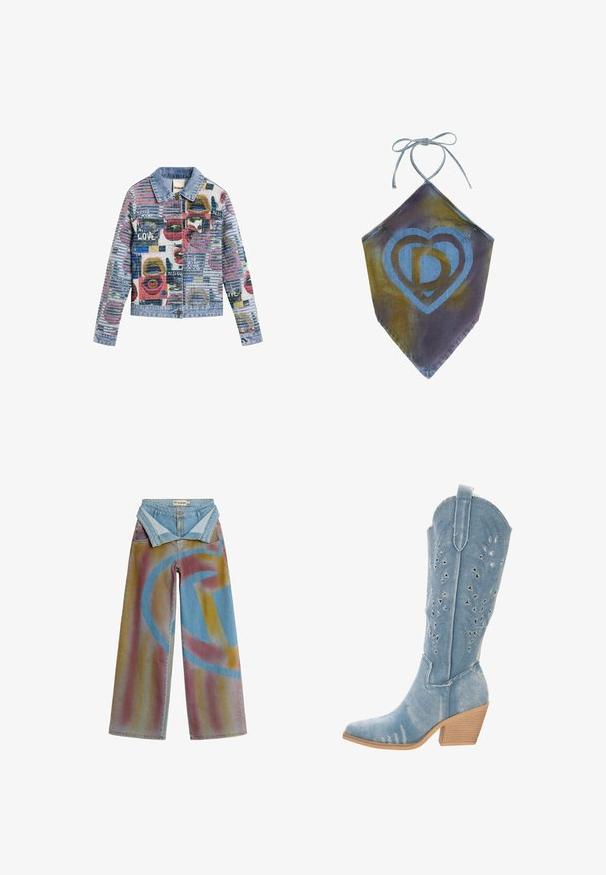 Jeansjacke mit bunten abstrakten geometrischen und Textmustern, einschließlich Wörter wie "LOVE" und "DESIGUAL," mit vorderen Knöpfen und einem Kragen.; Denim-Halstertop mit blauem herzförmigem Logo, das stilisierte Buchstaben zeigt, am Hals gebunden, mit spitz zulaufendem Saum.; Weit geschnittene Jeans aus Denim mit mehrfarbigem, verblasstem orange-lila Sprühmuster und geometrischen blauen Formen, am Bund umgeschlagen.; Denim-Cowboy-Stiefel, hellblau, spitz zulaufende Zehenpartie, Ausschnittdetails mit dreieckigen Formen, niedriger, gestapelter Absatz, strukturierte Oberfläche.