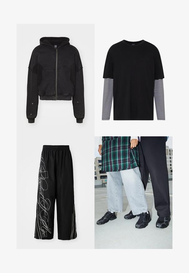 Atelier de roupa SNUG JACKET UNISEX - Flísová bunda - black; Čierne tričko s krátkym rukávom, so solidným predným dielom a dlhými pruhovanými rukávmi v čiernej a bielej farbe. Jednoduchý dizajn s okrúhlym výstrihom, voľný strih.; Čierne, široké, skrátené nohavice vyrobené z ľahkej tkaniny. Obsahujú biele vyšívané dizajny a akcenty tečúce po stranách. Elastický pás.; Čierne športové topánky s sieťovinou a gumovými akcentmi. Nosené s svetlošedými širokými džínsami a kockovaným zeleným topom. Pozadie s plochým povrchom.