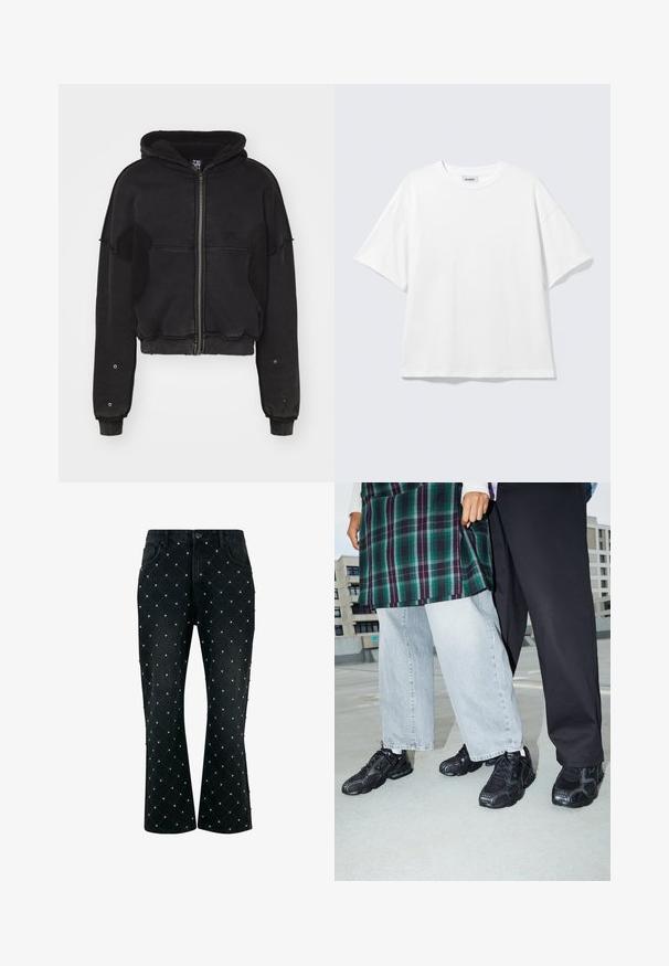 Atelier de roupa SNUG JACKET UNISEX - Veste polaire - black; T-shirt blanc oversize à manches courtes, col rond, épaules tombantes, posé à plat sur fond gris clair.; Jeans en denim noirs avec un motif en losanges matelassé orné de petits clous en argent, coupe droite et style classique à cinq poches.; Baskets de sport noires avec des accents en mesh et en caoutchouc. Portées avec un jean large gris clair et un haut à carreaux vert. Fond à surface plane.