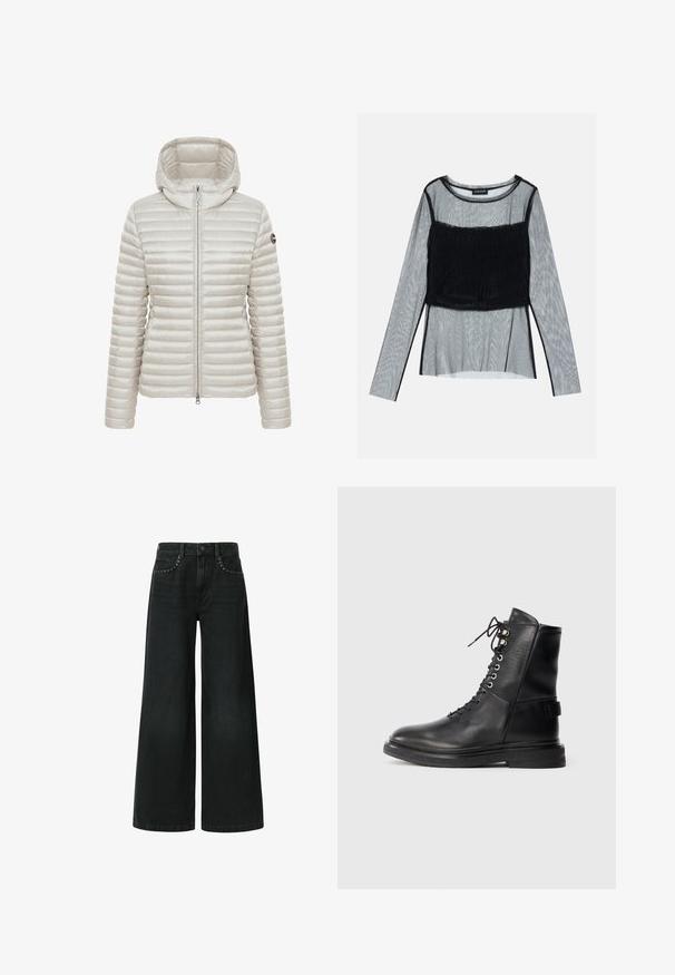 Chaqueta acolchada gris claro con capucha, cremallera frontal, mangas largas y parche redondo con logotipo en la parte superior del brazo izquierdo.; Top de manga larga de malla negra con un cuerpo ajustado fruncido y un acabado texturizado, escote redondeado y mangas transparentes.; Vaqueros negros de pierna ancha, confeccionados en mezclilla, con un diseño clásico de cinco bolsillos y remaches decorativos cerca de los bolsillos delanteros.; Botín negro de cuero hasta el tobillo con cordones en la parte frontal, ojales plateados, suela de goma negra texturizada y cuello acolchado para mayor comodidad.