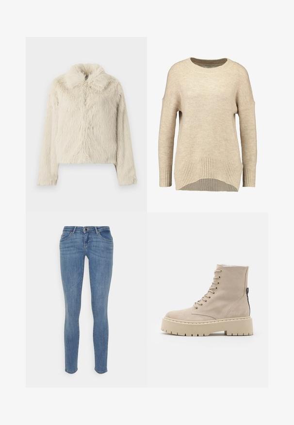 Jakke i kunstpels i cremefarve med rund krave, lange ærmer og en blød, tekstureret overflade med en let løs pasform.; Beige strikket sweater med rund halsudskæring, ribbet kant og let nedsænkede skuldre. Blød struktur med en afslappet pasform.; ONLY ONLCORAL LIFE POWER - Jeans Skinny Fit - light blue denim; Beige ruskindsankelstøvle med platformsål, snørebånd fortil og lynlås i siden. Har syninger og en tekstureret sål.