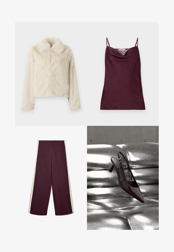 Veste en fausse fourrure de couleur crème, avec un col rond, des manches longues et une surface texturée douce avec une coupe légèrement ample.; Caraco en satin bordeaux profond sans manches avec fines bretelles réglables et détail en dentelle le long du décolleté bénitier.; Pantalon bordeaux à jambes larges avec bandes blanches sur les côtés, devant plat et taille haute.; Escarpin slingback à talon haut, rouge foncé brillant avec bout pointu, présenté sur une surface en cuir argenté capitonné et brillant.