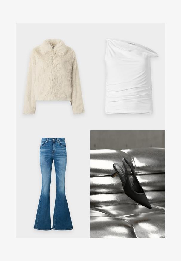 Kunstpelzjacke in Cremefarbe mit rundem Kragen, langen Ärmeln und einer weichen, strukturierten Oberfläche sowie einem leicht lockeren Sitz.; Weißes Spaghetti-Top mit einem Schuler, aus weichem, elastischem Stoff, mit Rüschen an der Seite. Verfügt über ein lässiges, drapiertes Design und ein Etikett im Ausschnitt.; Schicke Schlagjeans aus mittelschwerem Denim mit hoher Taille, in hellblauer Farbe, dezenten Verblassungen und klassischem Fünf-Taschen-Design.; Schwarzer Slingback-Schuh mit spitzer Kappe und niedrigem Absatz, der auf einer glänzenden, silberfarbenen, gesteppten Lederoberfläche ruht.
