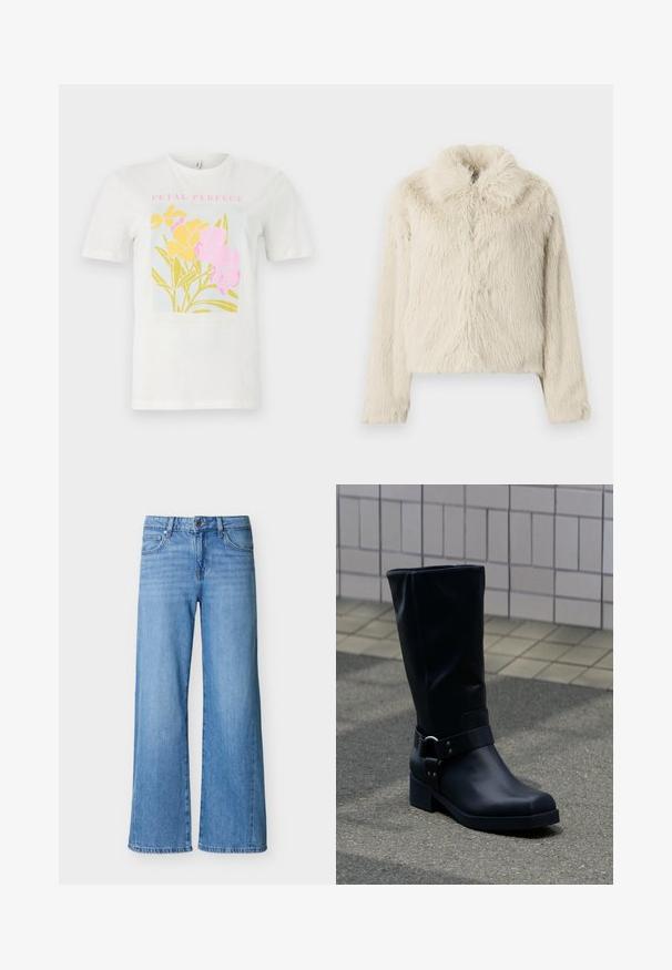 Veste en fausse fourrure de couleur crème, avec un col rond, des manches longues et une surface texturée douce avec une coupe légèrement ample.; T-shirt en coton blanc avec un imprimé floral coloré comprenant des fleurs jaunes et roses, avec le texte encadré "PETAL PERFECT" en rose, sur un fond bleu clair.; Jean denim bleu clair avec coupe à jambes larges, fermeture à boutons et fermeture éclair à l'avant, avec poches avant et arrière.; Botte en cuir noire mi-mollet avec un petit talon bloc et une bride décorative avec boucle métallique autour de la cheville, sur un trottoir carrelé.