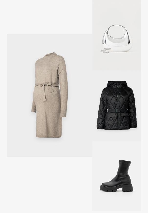 Sort quiltet puffjakke med hætte, lynlås lukning, elastisk bælte og to frontlommer. Glat, skinnende stof med diamantmønster.; Strikket graviditetskjole i lys beige med rund hals, lange ærmer og bånd i taljen. Har ribbede manchetter og en middels længde.; RAID NOELIA - Plateaustøvletter - black; Skinnende sølvfarvet metallisk håndtaske med rund form, ovalt udskåret håndtag og en sølvkæde som rem på en ensfarvet lys baggrund.