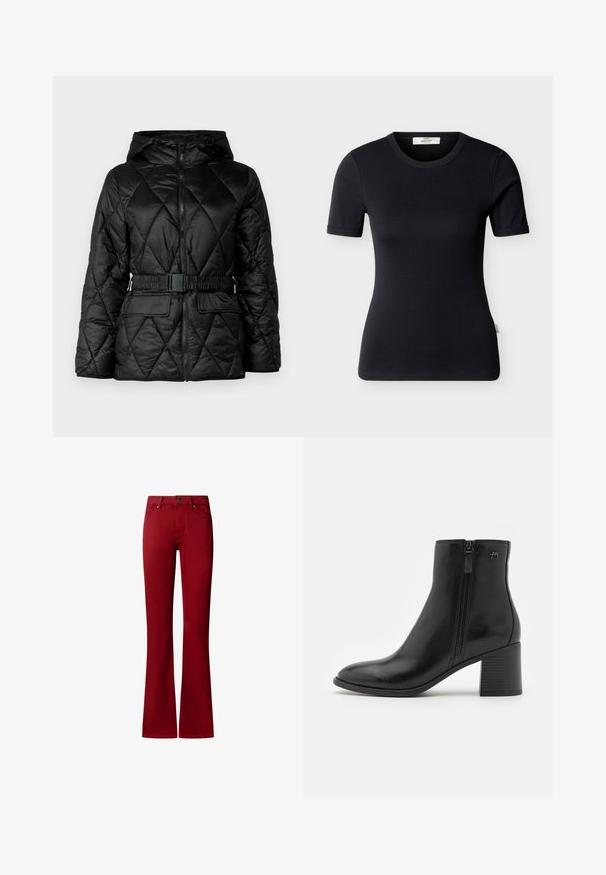 Sort quiltet puffjakke med hætte, lynlås lukning, elastisk bælte og to frontlommer. Glat, skinnende stof med diamantmønster.; Sort tætsiddende T-shirt med korte ærmer og rund halsudskæring samt et lille mærke inden i kraven, vist på en ensfarvet baggrund.; Røde bootcut-bukser med forreste knap, lynlås og fem-lomme-stil, vist på en hvid baggrund.; Sorte ankelstøvler lavet af glat læder med en lynlås på siden. De har en spids tå og en tekstureret blokhæl for stabilitet.