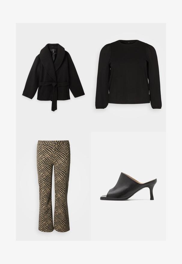 Manteau noir ceinturé à large col châle, manches longues et coupe ample, présenté sur un fond uni clair.; Vero Moda Curve VMCRITH - T-shirt à manches longues - black; Pantalon évasé à rayures zébrées marron et noir avec une texture lisse et une ceinture standard comportant deux poches avant et des passants pour ceinture.; Selected ASHLEY - Mules à talons - black