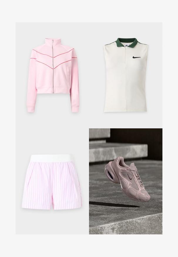 Light pink zip-up jacket with high collar, red chevron stripes across chest and sleeves, and side pockets.; Sleeveless white Nike top with ribbed texture, dark green collar, half zipper, and black Nike swoosh on the chest.; White and pink striped shorts with a wide white elastic waistband and side pockets against a plain background.; Nike sneaker in light pink, featuring a mesh upper, rounded sole, and visible cushioning. Smooth texture with embossed accents.