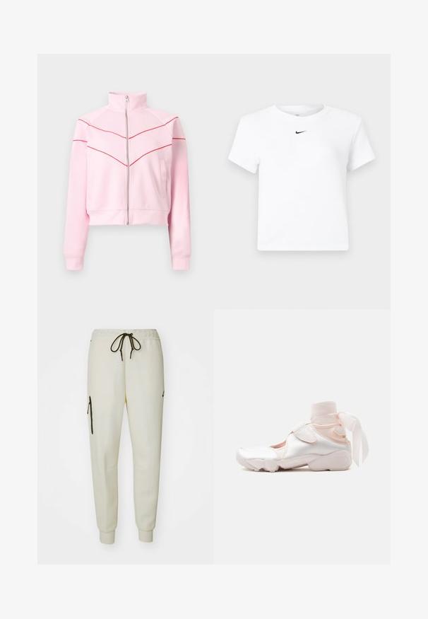 Vaaleanpunainen vetoketjullinen takki, jossa korkea kaulus, punaiset v-raidat rinnassa ja hihoissa sekä sivutaskut.; Valkoinen lyhythihainen Nikein lyhyt T-paita, jossa on pieni musta Nike Swoosh -logo keskitettynä kaula-aukon alapuolelle.; Valkoiset jogger-housut, joissa on joustava vyötärö, säädettävä nauha, sivutaskut ja vetoketjullinen tasku vasemmassa reidessä.; Valkoinen ja vaaleanpunainen tennari, jossa pehmeä kangasnilkkasiteennyöri rusetilla, säädettävä hihna ja pyöristetty pohja.
