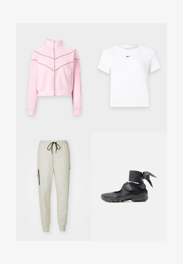 Lyserød lynlåstrøje med høj krave, røde chevronstriber over bryst og ærmer samt sidelommer.; Hvid Nike cropped T-shirt med korte ærmer og en lille sort Nike swoosh-logo centreret under nakkekanten.; Cremefarvede joggerbukser med elastisk talje, justerbar snor, sidelommer og en lynlåslomme på venstre lår.; Sort atletiksko med udskæringer, velcrolukninger og ankelrem bundet i en sløjfe, vist fra siden på en hvid baggrund.