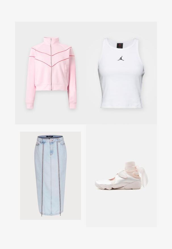 Lichtroze jas met ritssluiting en hoge kraag, rode chevronstrepen over de borst en mouwen, en zijzakken.; Witte crop tanktop van katoen met een ribbeltextuur. Beschikt over een zwart Jordan-logo in het midden en een klassieke ronde hals.; Lichtblauwe denim rok met een getailleerd ontwerp, voorzien van twee voorzakken met rits, details in de centrale naad en een lengte tot halverwege het kuit.; Witte en lichtroze sneaker met zachte stoffen enkelwikkeling gestrikt in een strik, met verstelbare riem en afgeronde zool.