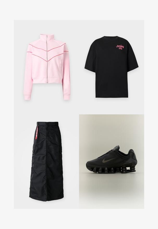 Lyserød lynlåstrøje med høj krave, røde chevronstriber over bryst og ærmer samt sidelommer.; Sort oversized t-shirt med korte ærmer og pink "Jordan 1985" tekst på øverste venstre brystområde.; Sort lang nederdel med frontknap og lynlås, sidelommer, og et rødt "Remove Before Flight" stofmærke på taljen.; Sort Nike-sneaker med lynlåsfunktion øverst og karakteristisk fjederlignende opdelt sål, vist i sideprofil mod en neutral baggrund.